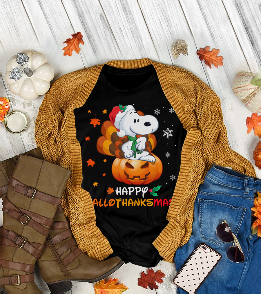 Snoopy Happy Hallothanksmas Pumpkin Snowflakes Santa Hat Scarf T-Shirt