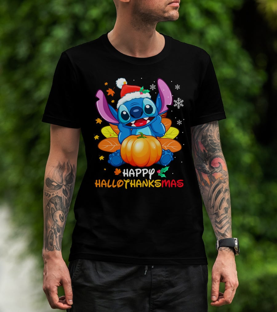 Stitch Happy Hallothanksmas Pumpkin Santa Hat Snowflakes T-Shirt