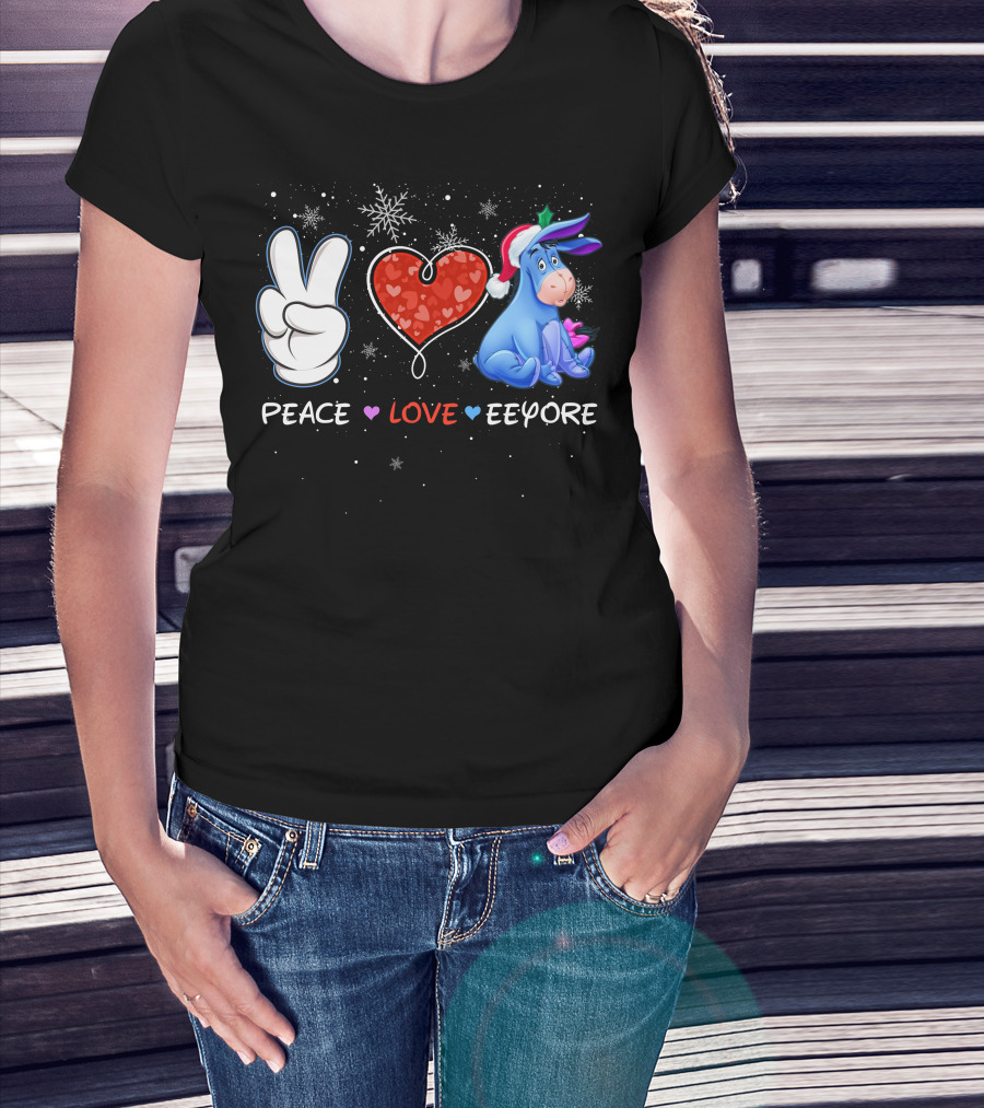 Peace Love Eeyore Santa Hat Winter Snowflakes T-Shirt