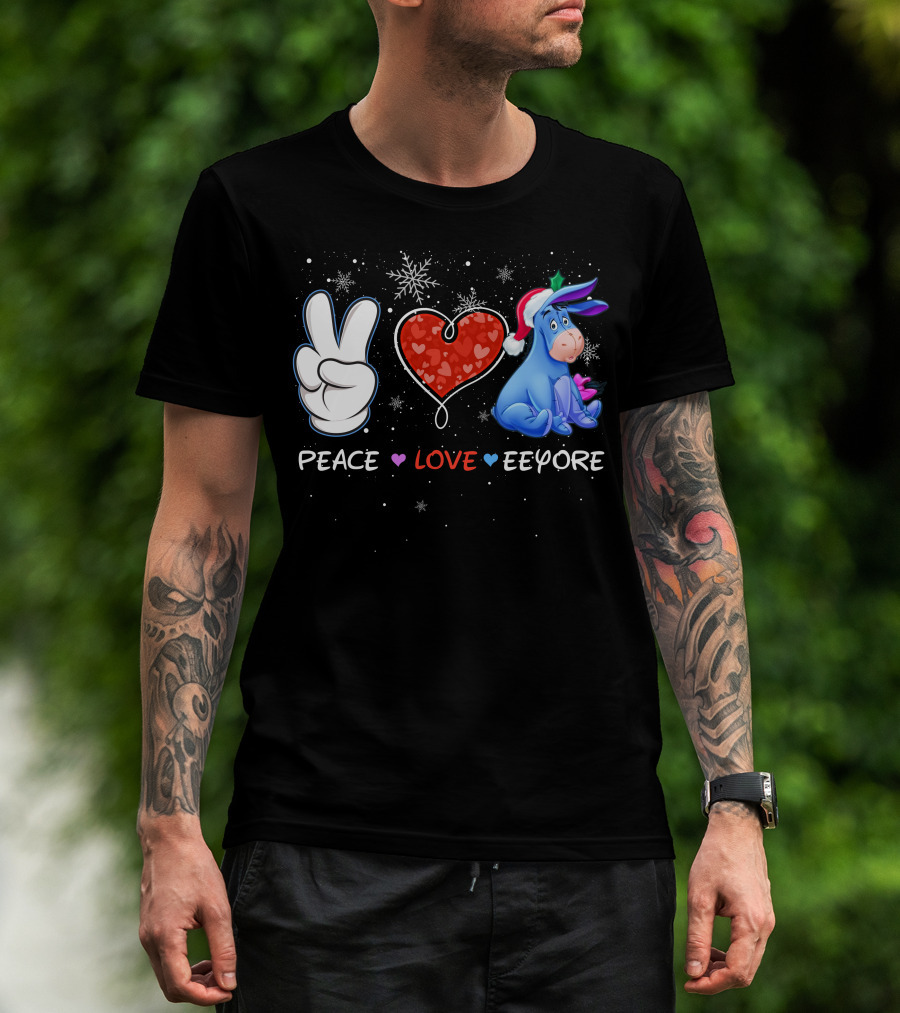 Peace Love Eeyore Santa Hat Winter Snowflakes T-Shirt