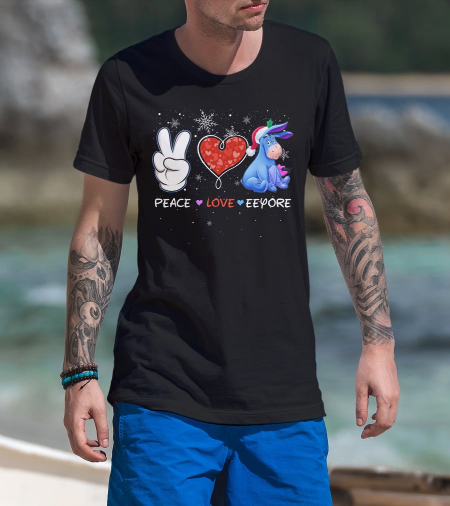 Peace Love Eeyore Santa Hat Winter Snowflakes T-Shirt