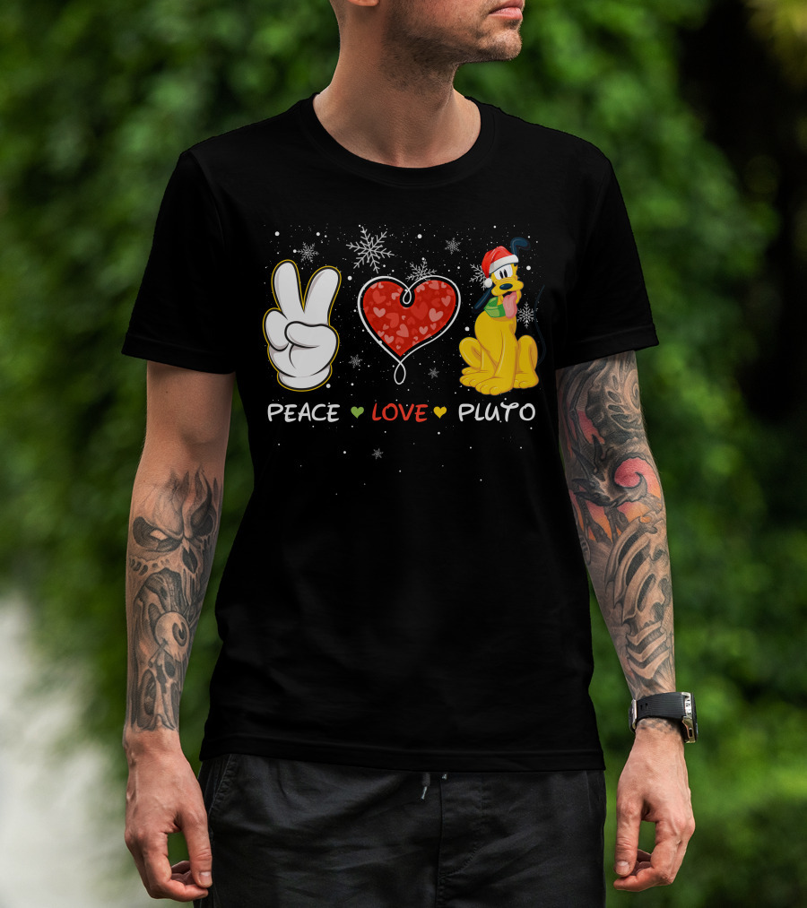 Peace Love Pluto Christmas Santa Hat Snowflakes T-Shirt