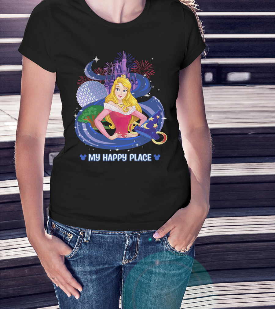 My Happy Place Aurora Disney Princess Epcot Castle Fireworks Sorcerer Hat T-Shirt