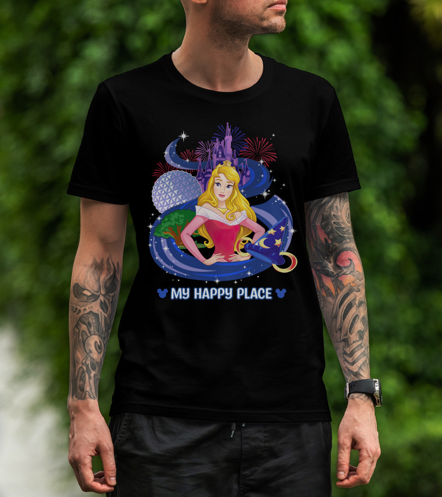 My Happy Place Aurora Disney Princess Epcot Castle Fireworks Sorcerer Hat T-Shirt