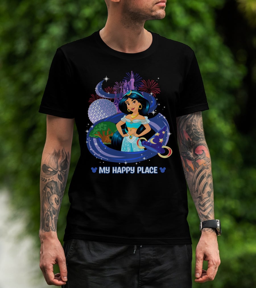 Jasmine My Happy Place Disney Princess Fireworks Magic Castle Mickey Epcot Disney World T-Shirt