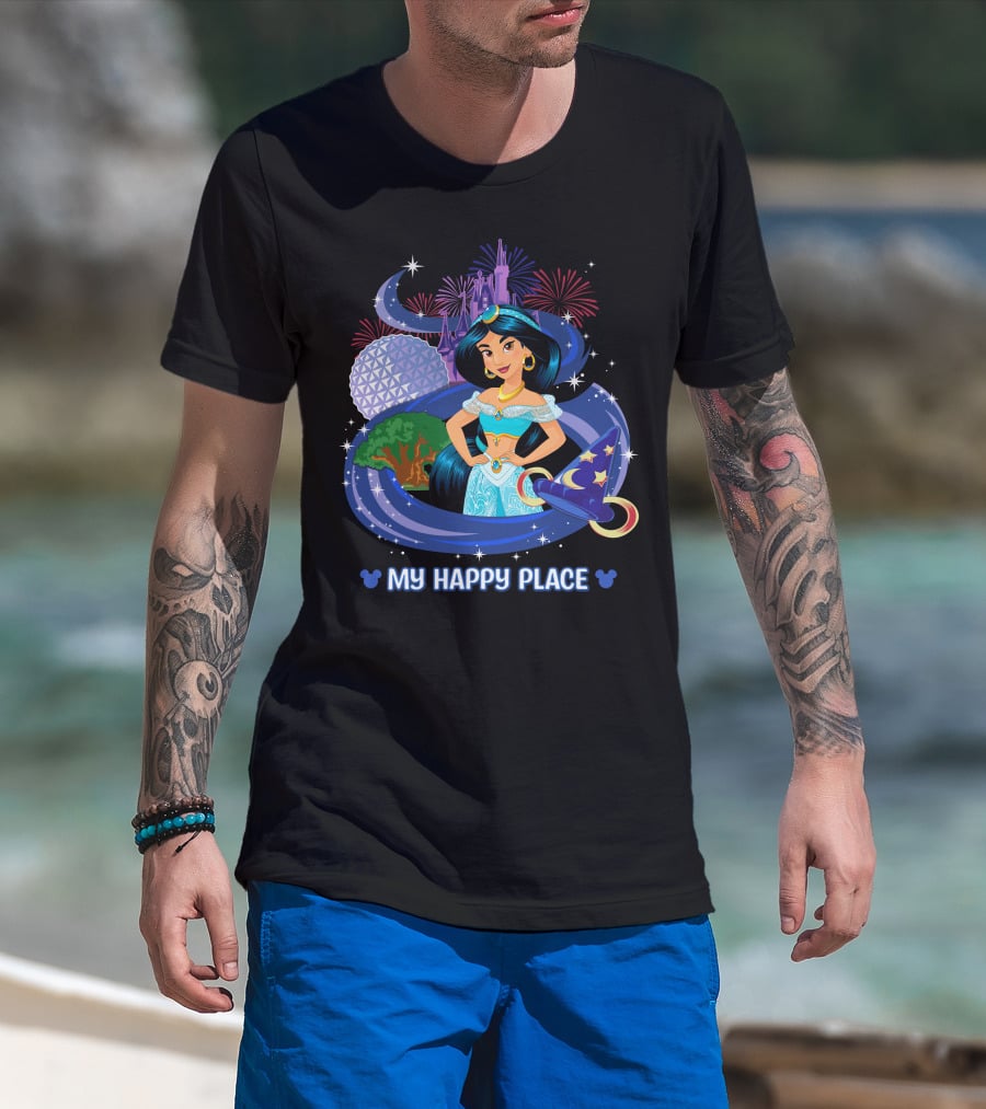 Jasmine My Happy Place Disney Princess Fireworks Magic Castle Mickey Epcot Disney World T-Shirt