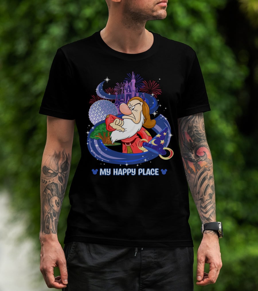 Grumpy My Happy Place Disney World Fireworks Mickey Ears T-Shirt