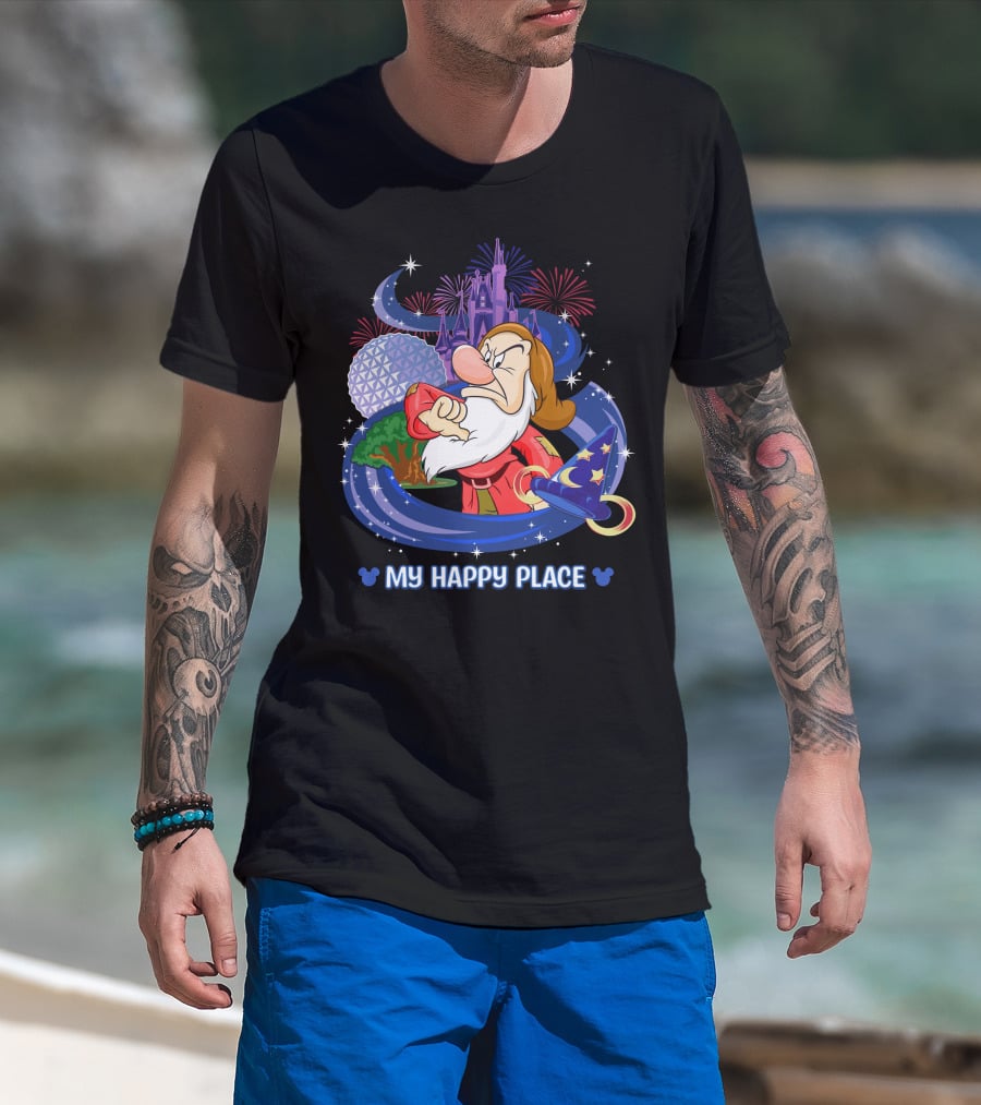 Grumpy My Happy Place Disney World Fireworks Mickey Ears T-Shirt