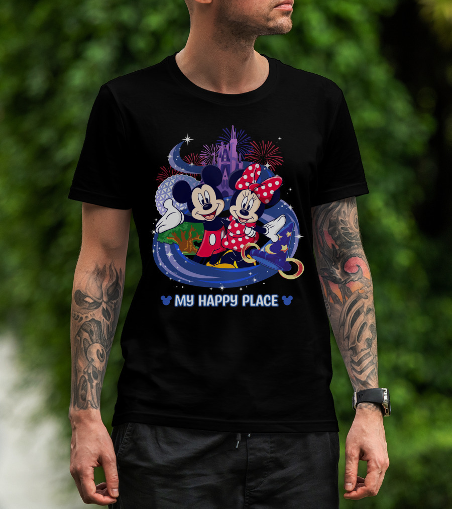 Mickey Minnie My Happy Place Disney Castle Fireworks T-Shirt