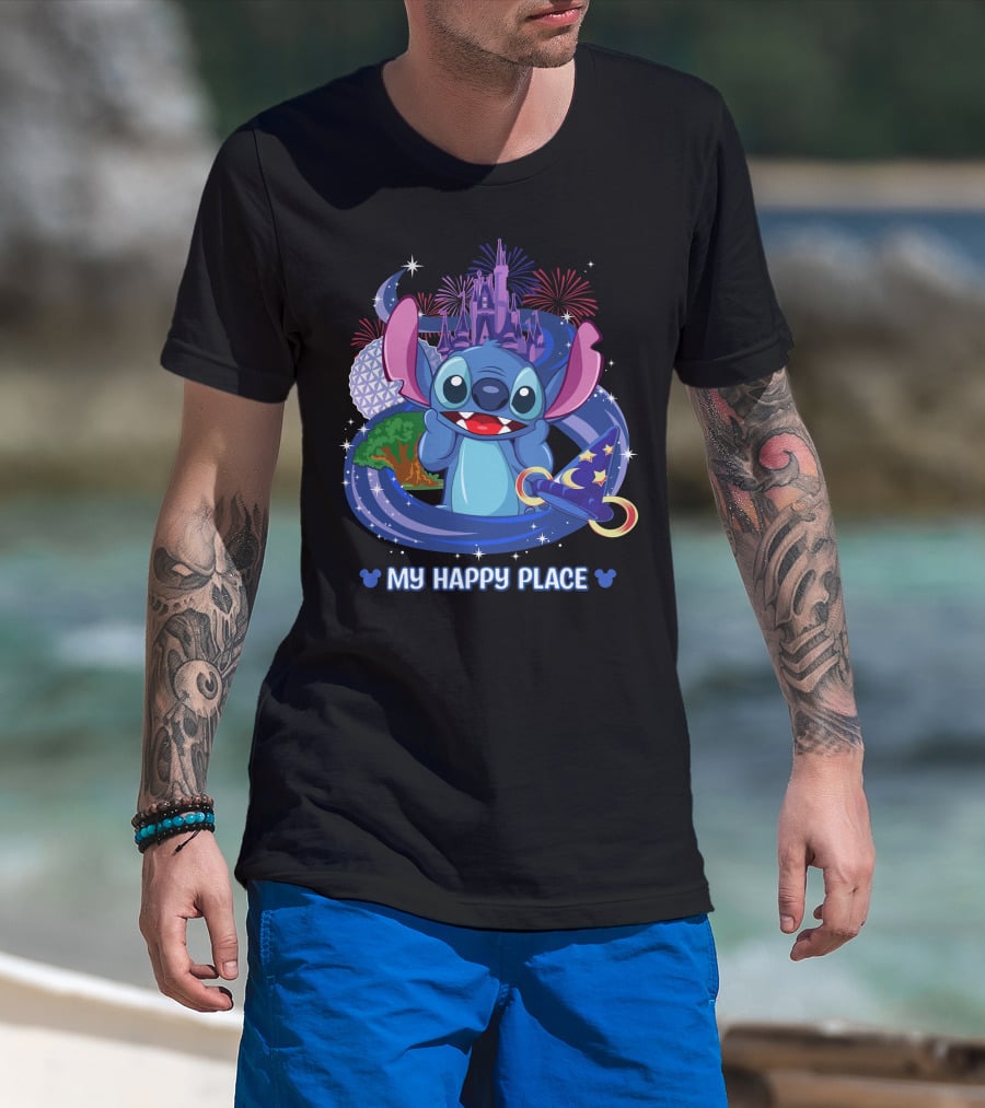 Stitch Disney My Happy Place Fireworks Castle Hat T-Shirt