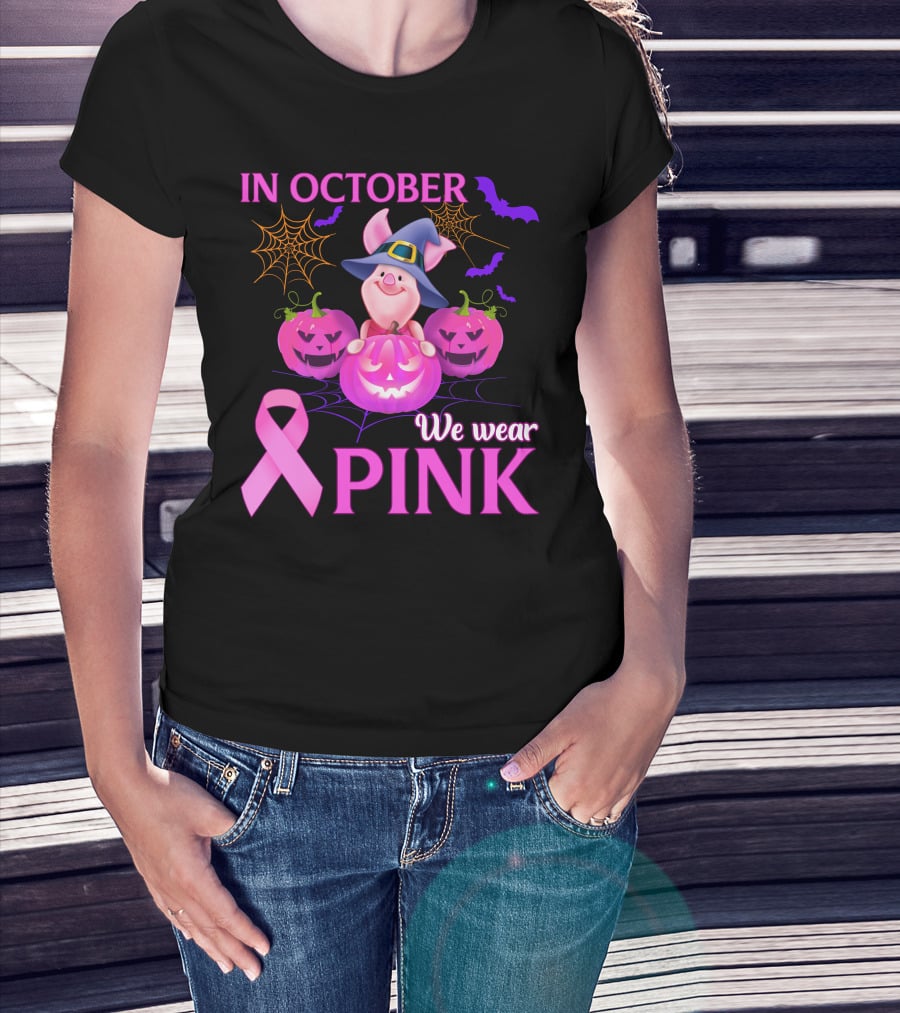 In October We Wear Pink Piglet Breast Cancer Awareness Halloween Pumpkins T-Shirt