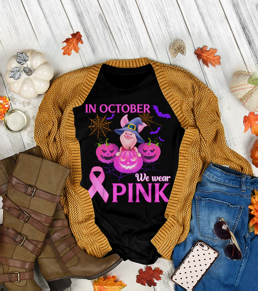 In October We Wear Pink Piglet Breast Cancer Awareness Halloween Pumpkins T-Shirt