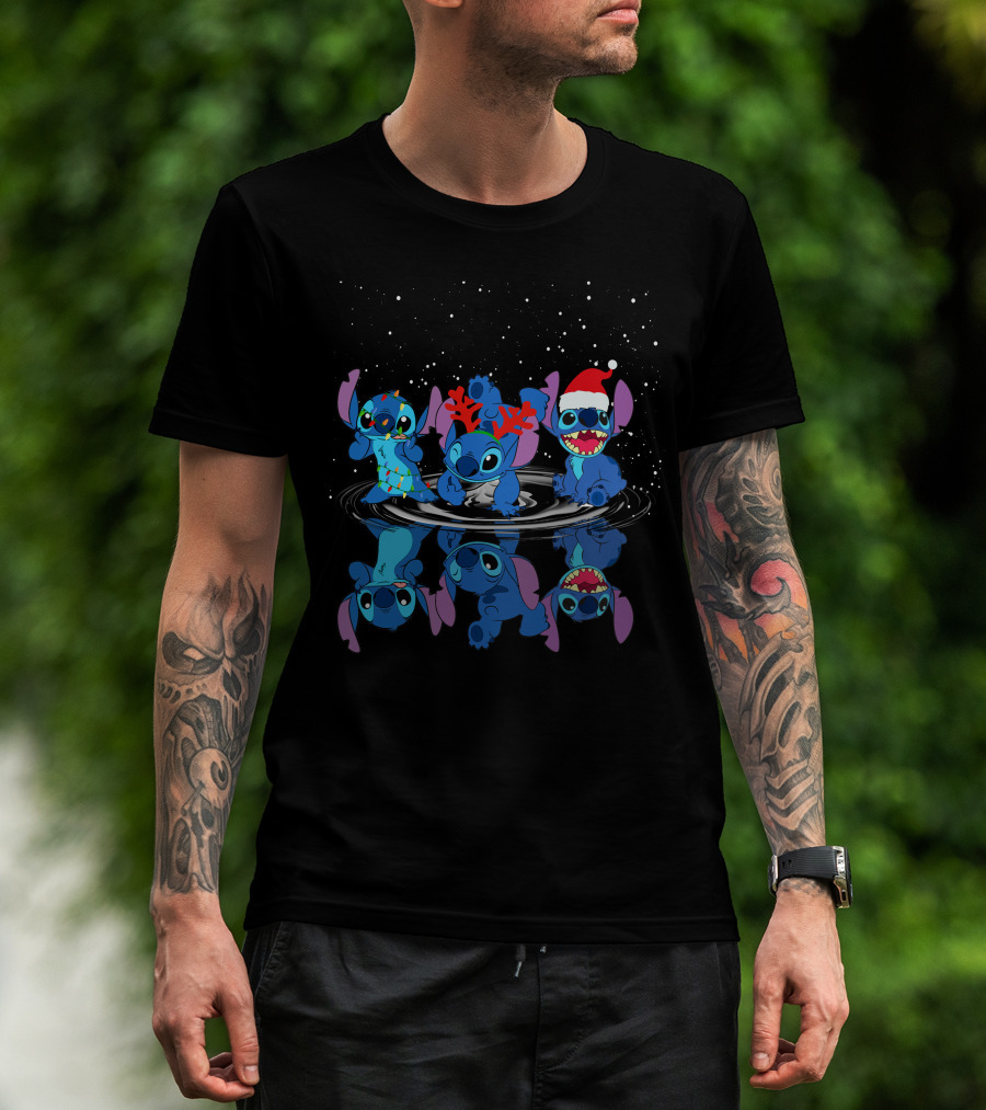 Stitch Christmas Reflections With Santa Hat And Reindeer Antlers T-Shirt