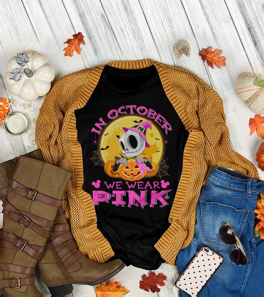 In October We Wear Pink Halloween Pumpkin Skeleton T-Shirt