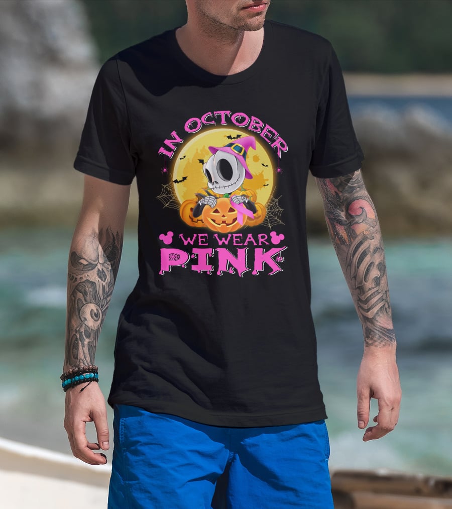 In October We Wear Pink Halloween Pumpkin Skeleton T-Shirt