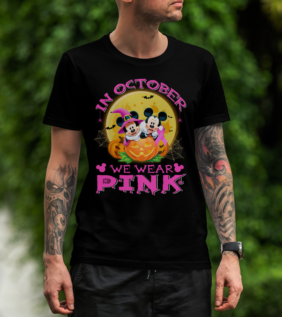 In October We Wear Pink Mickey And Minnie Halloween Pumpkin T-Shirt
