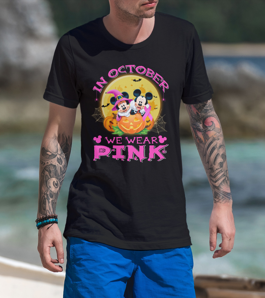 In October We Wear Pink Mickey And Minnie Halloween Pumpkin T-Shirt