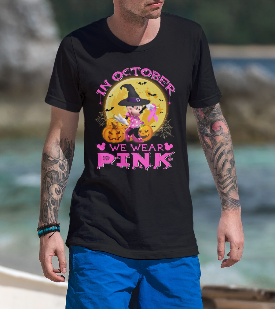 Minnie In October We Wear Pink Halloween Pumpkins Bats T-Shirt