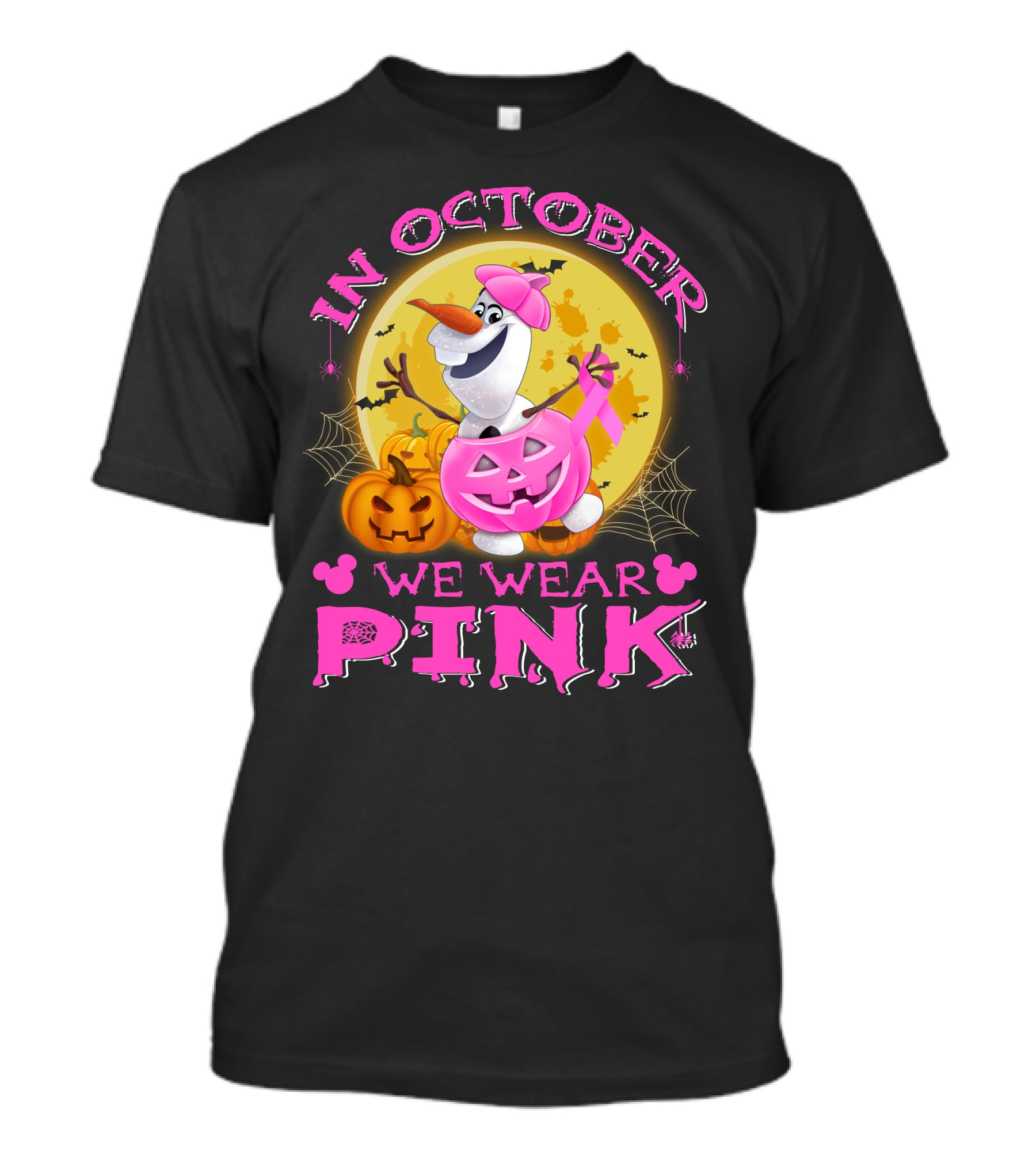 In October We Wear Pink Olaf Halloween Pumpkins And Bats T-Shirt