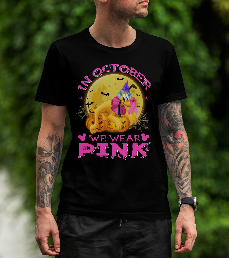 In October We Wear Pink Pluto Halloween Pumplin Bat Webs T-Shirt