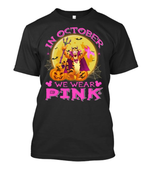 In October We Wear Pink Tigger Halloween Pumpkins Bats T-Shirt