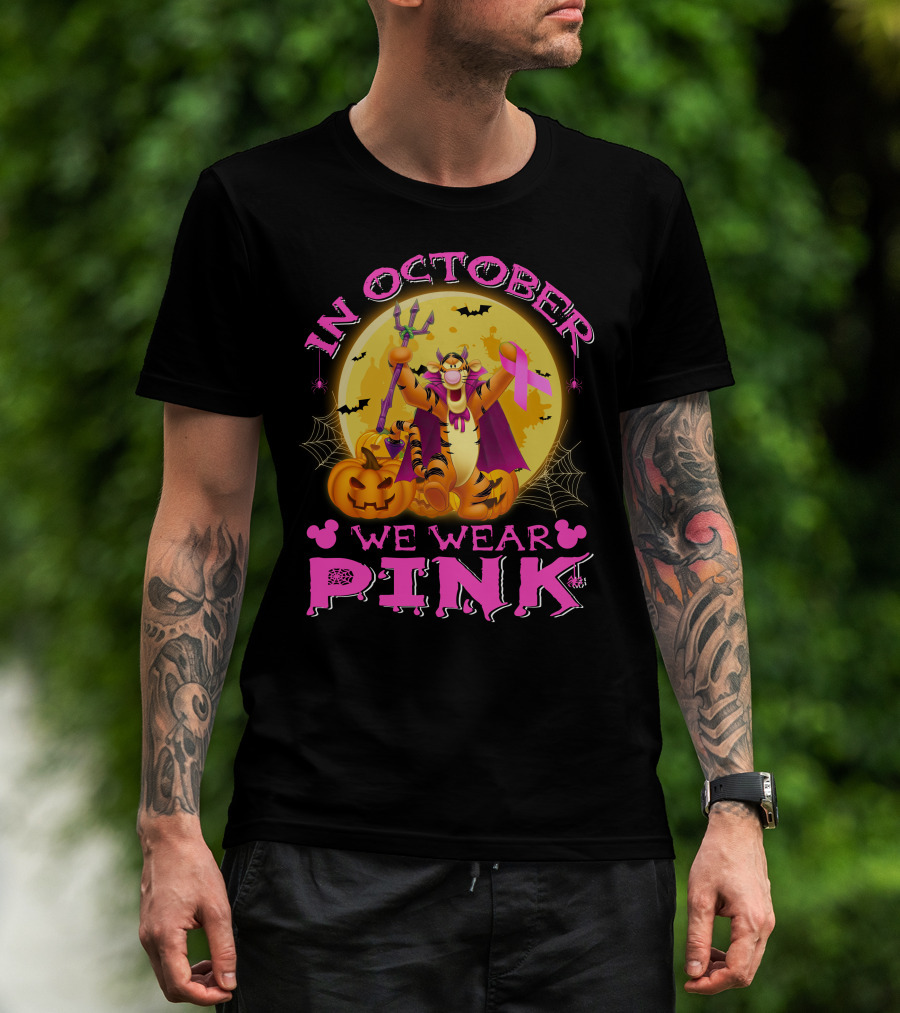 In October We Wear Pink Tigger Halloween Pumpkins Bats T-Shirt