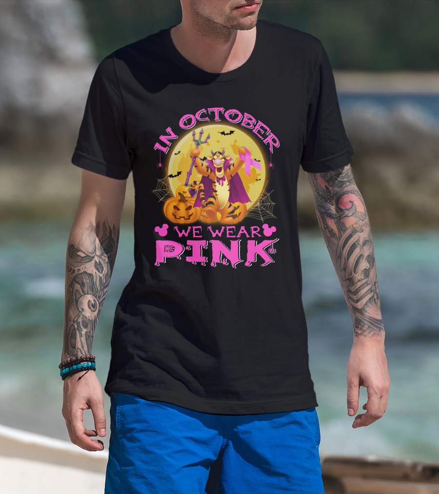 In October We Wear Pink Tigger Halloween Pumpkins Bats T-Shirt