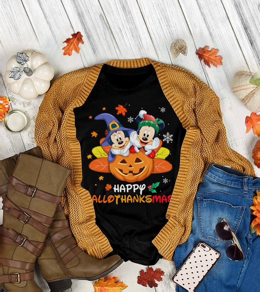 Happy Hallothanksmas Mickey Minnie Jack-O'-Lantern Holly Snowflakes Leaves T-Shirt