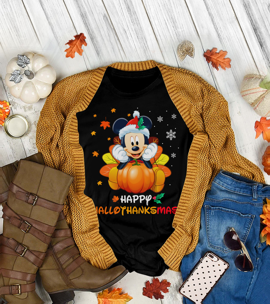 Happy Hallothanksmas 2 Mickey Mouse Pumpkin Santa Hat Fall Leaves Snowflakes T-Shirt