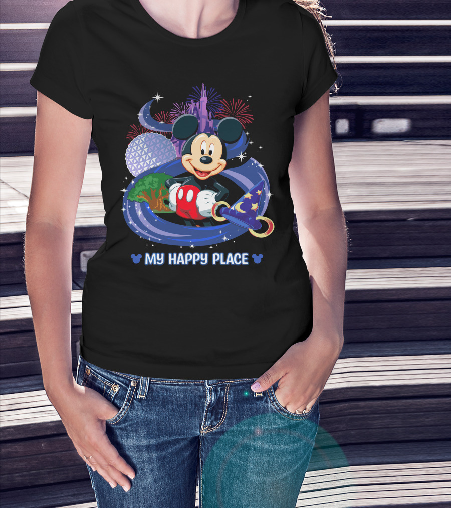 Mickey My Happy Place Disney Castle Fireworks Sorcerer's Hat T-Shirt