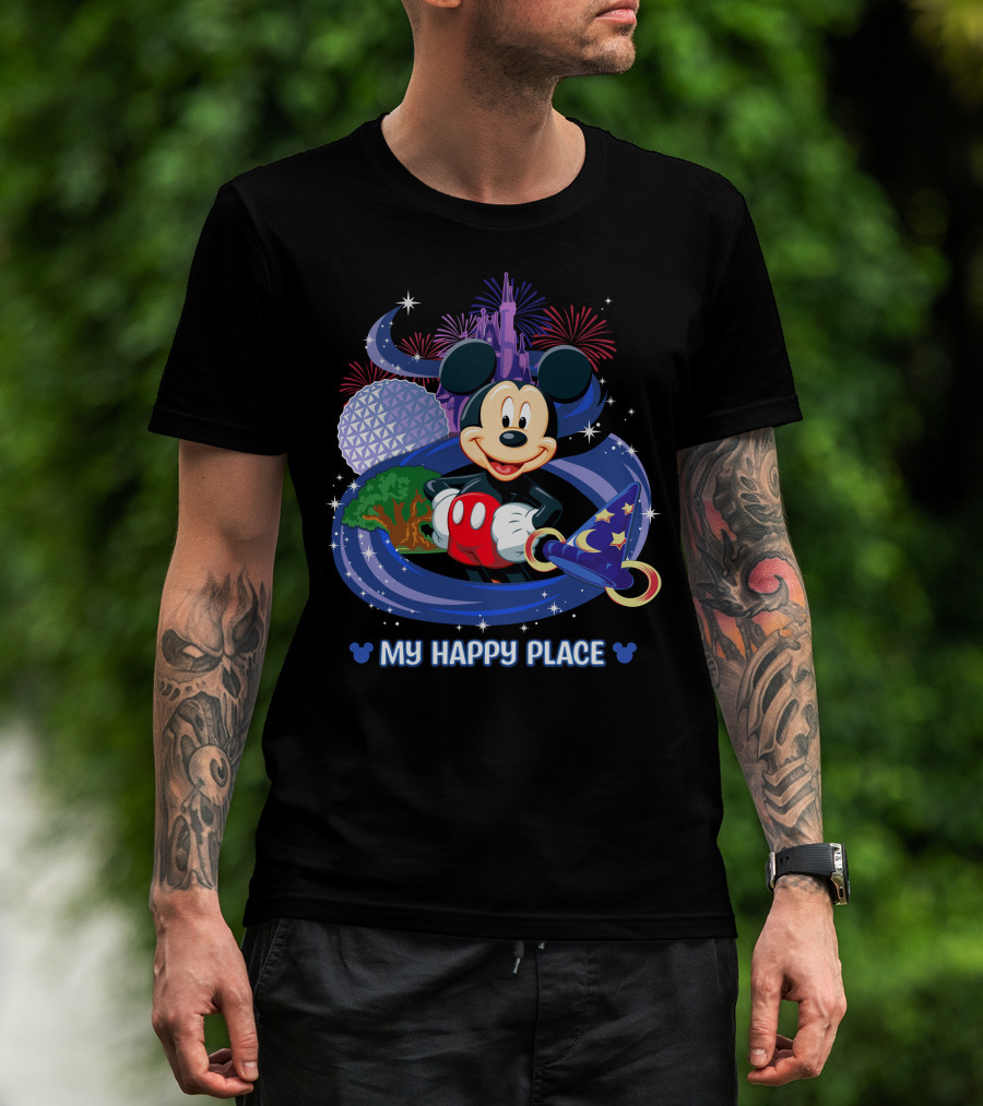 Mickey My Happy Place Disney Castle Fireworks Sorcerer's Hat T-Shirt
