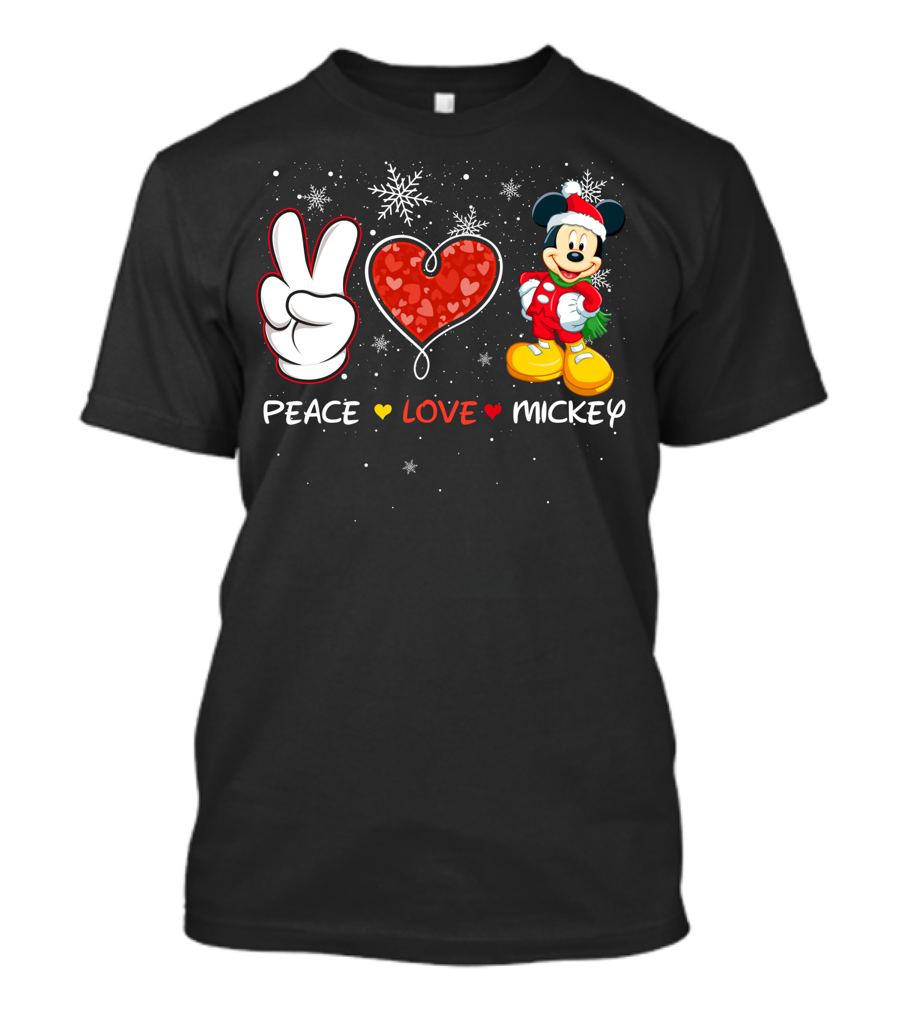 Peace Love Mickey Christmas Holiday Snowflakes Santa Hat T-Shirt