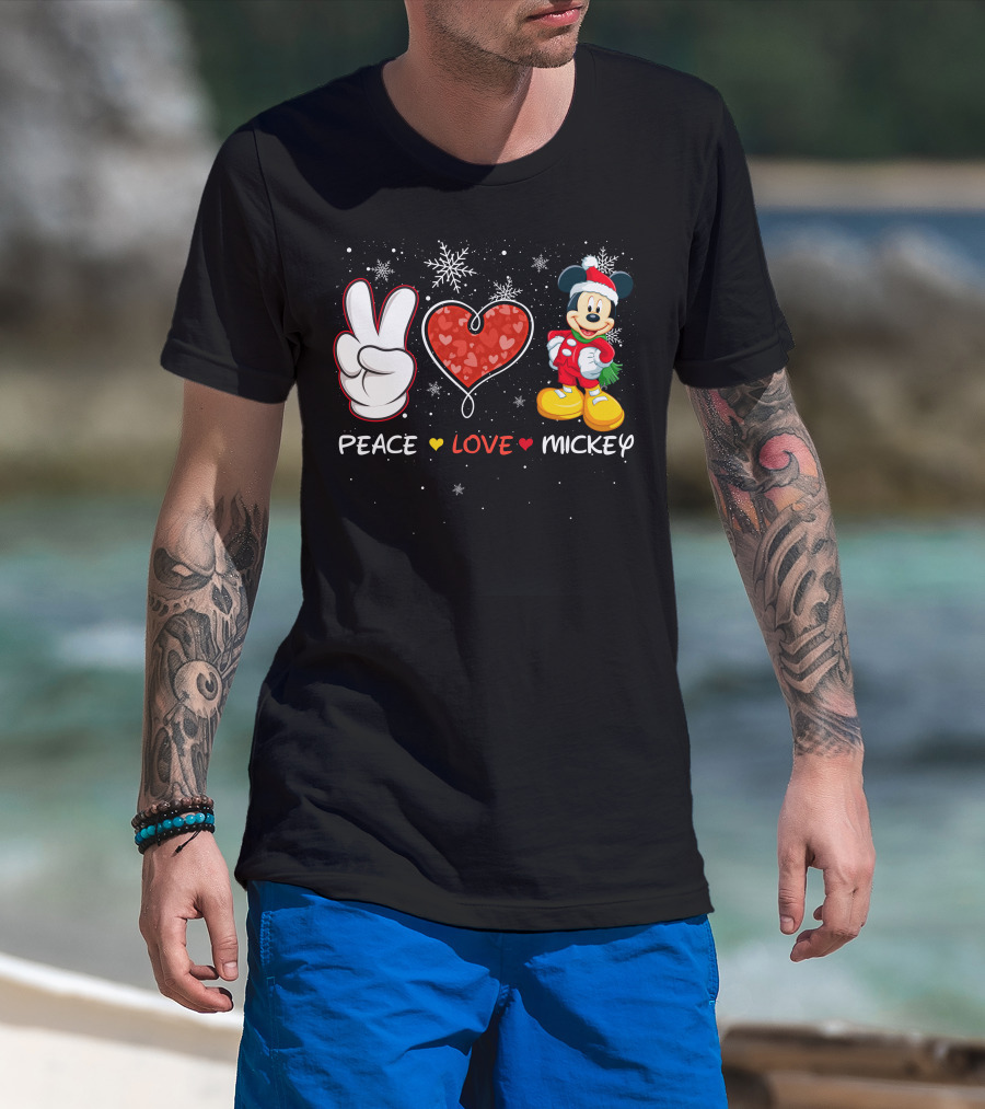 Peace Love Mickey Christmas Holiday Snowflakes Santa Hat T-Shirt