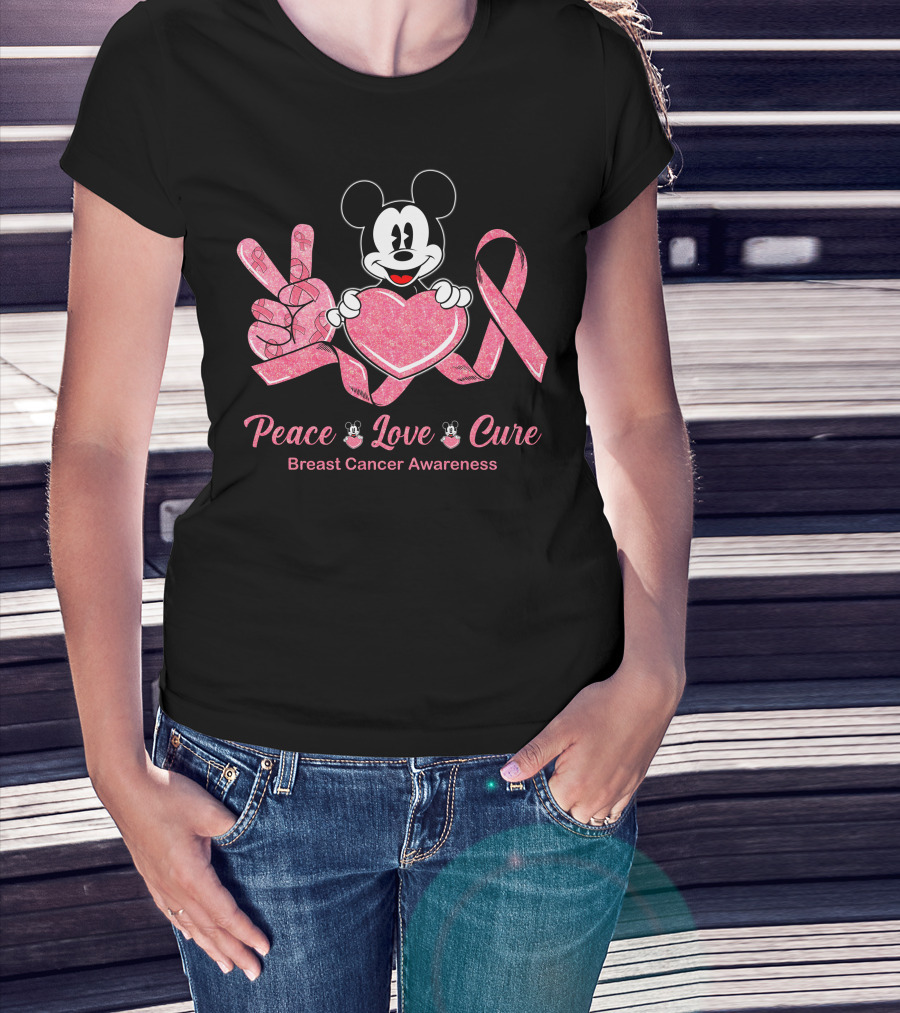 Peace Love Cure Breast Cancer Awareness Mickey Mouse T-Shirt