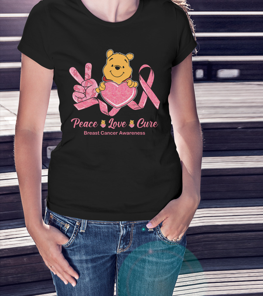 Peace Love Cure Pooh Breast Cancer Awareness T-Shirt