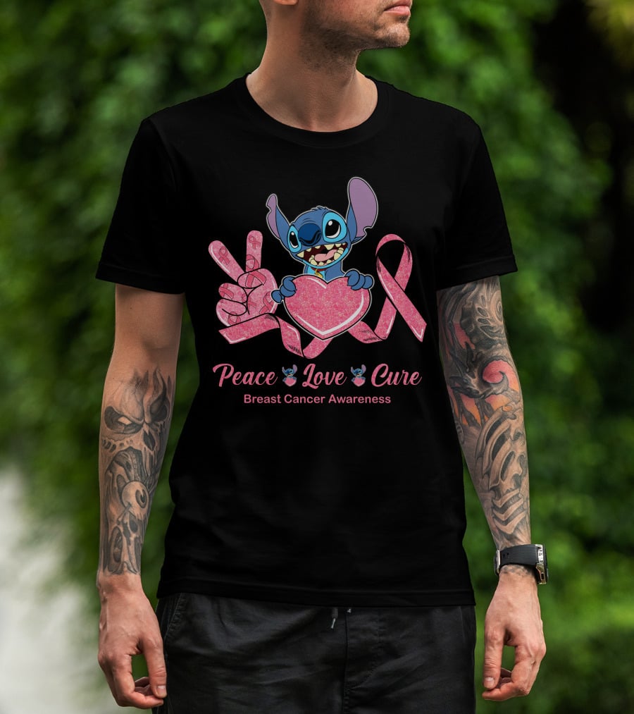 Peace Love Cure Breast Cancer Awareness Stitch T-Shirt