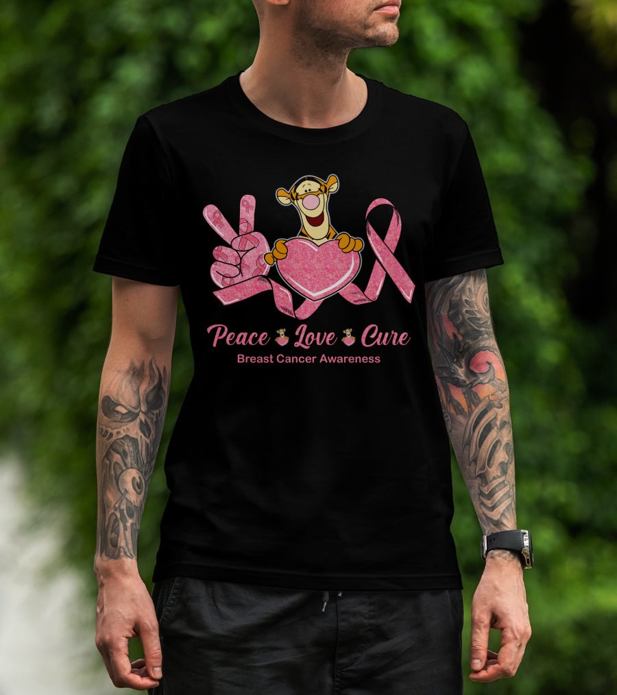 Tigger Holding Heart With Peace Love Cure Breast Cancer Awareness Pink Ribbon T-Shirt