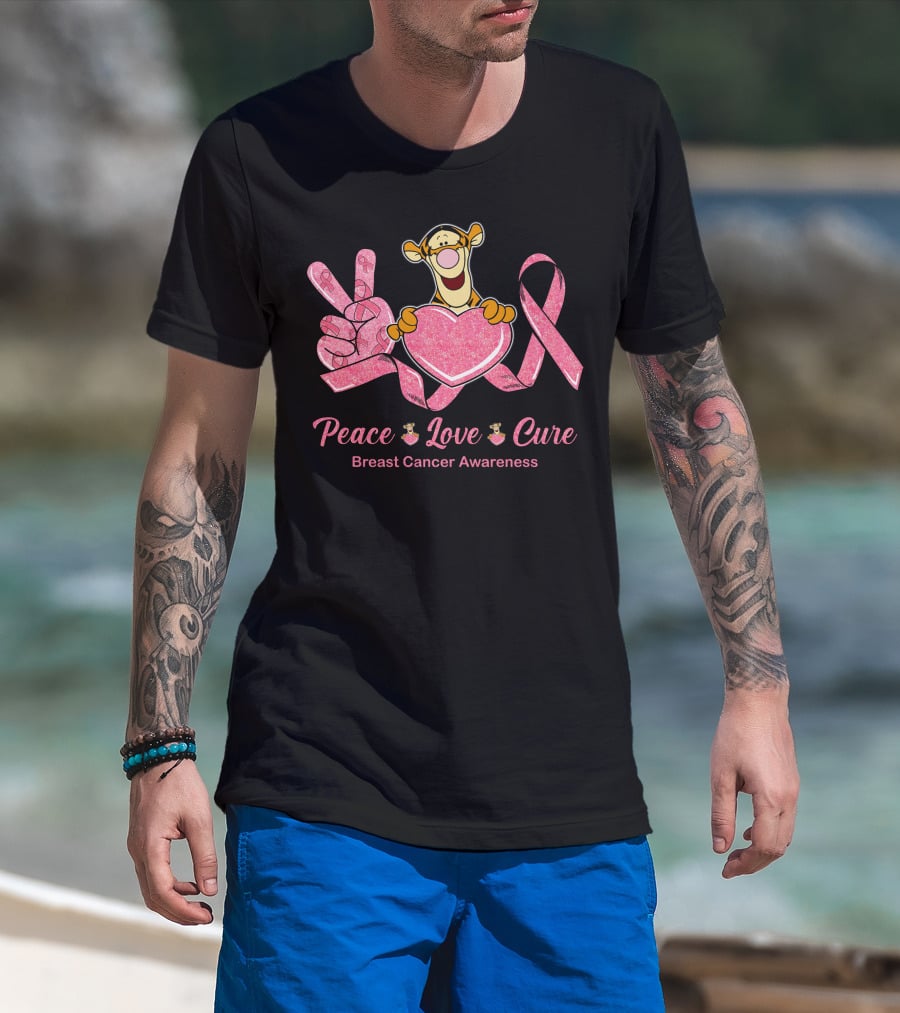 Tigger Holding Heart With Peace Love Cure Breast Cancer Awareness Pink Ribbon T-Shirt