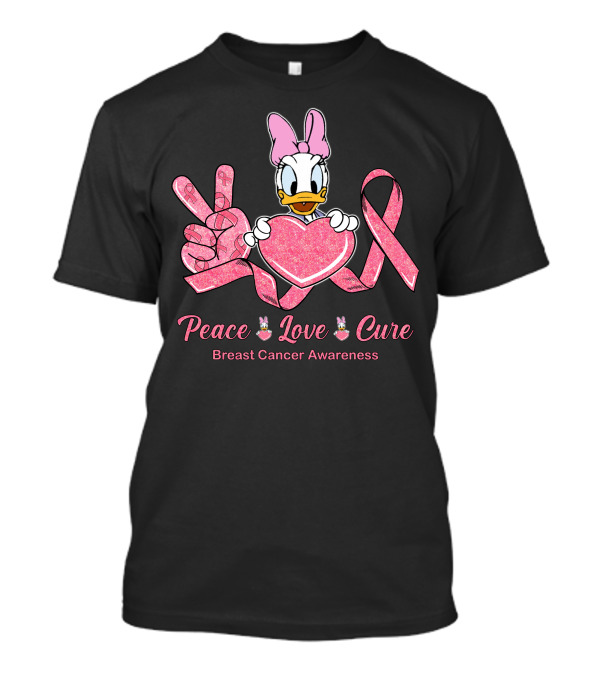 Peace Love Cure Breast Cancer Awareness Daisy Duck Pink Ribbon T-Shirt