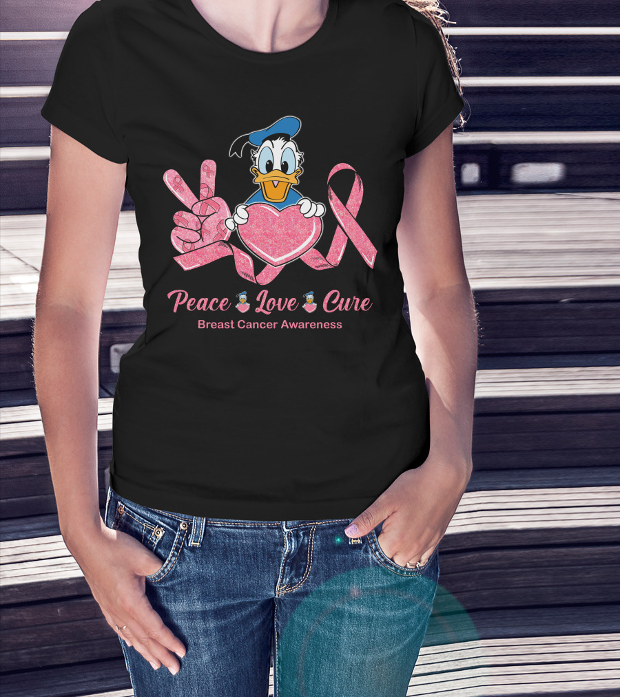 Peace Love Cure Breast Cancer Awareness Donald Duck T-Shirt