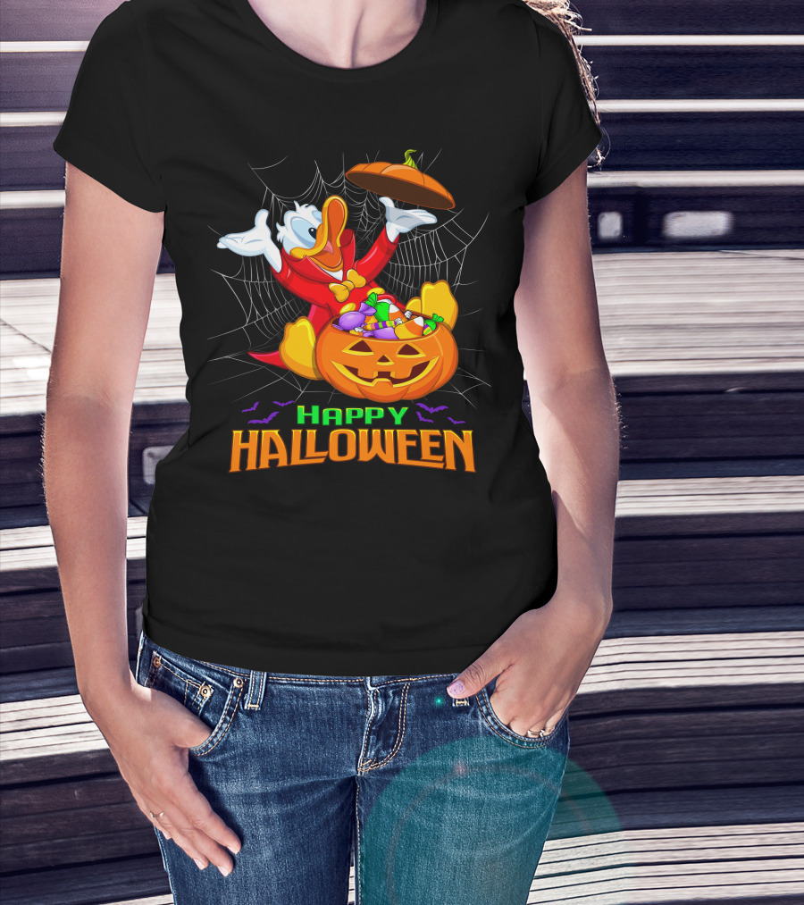 Happy Halloween Donald Duck In Pumpkin Suit With Candy And Spiderweb T-Shirt