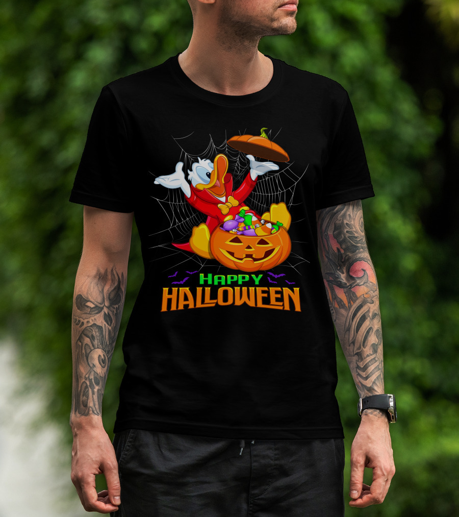 Happy Halloween Donald Duck In Pumpkin Suit With Candy And Spiderweb T-Shirt