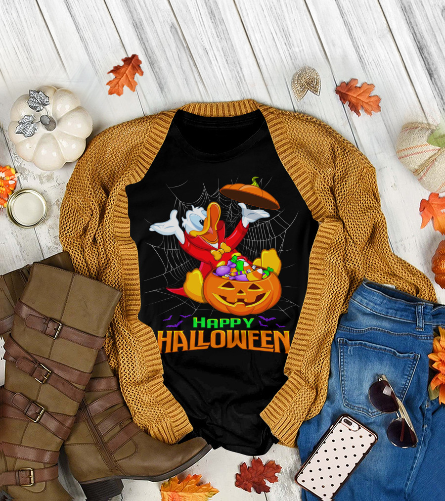 Happy Halloween Donald Duck In Pumpkin Suit With Candy And Spiderweb T-Shirt