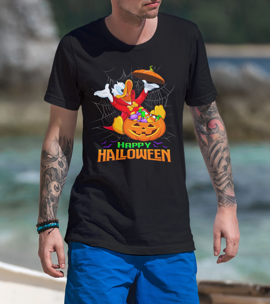 Happy Halloween Donald Duck In Pumpkin Suit With Candy And Spiderweb T-Shirt