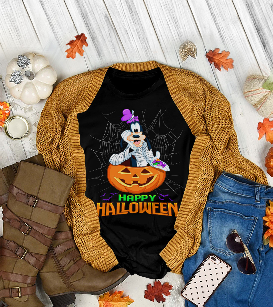 Goofy Happy Halloween Mummy Pumpkin And Candy T-Shirt