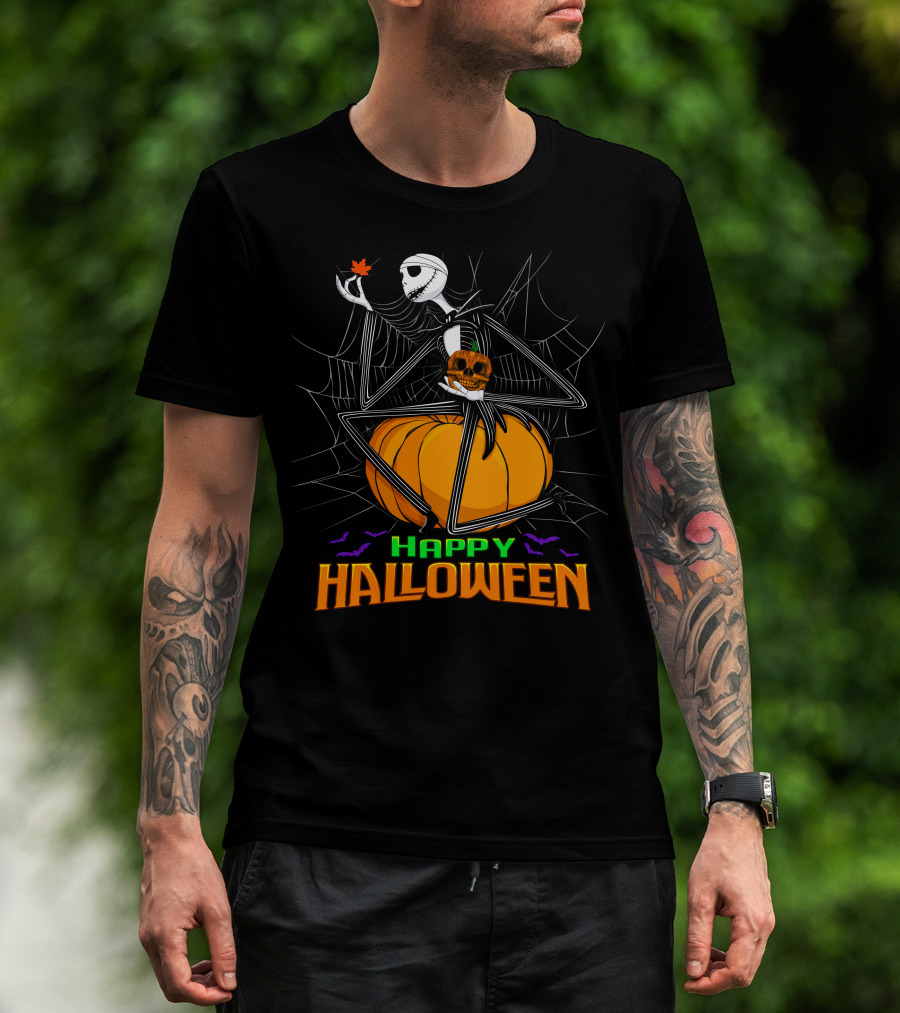 Happy Halloween Jack Skellington Pumpkin Bat Spiderweb T-Shirt