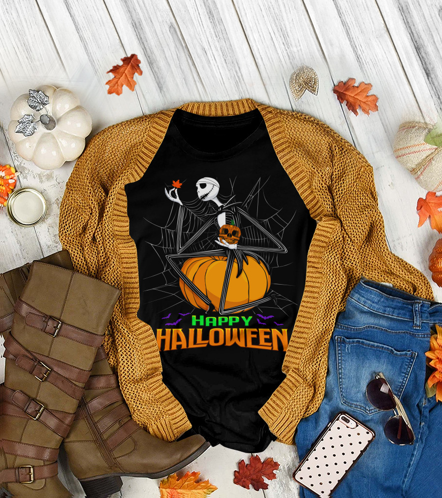 Happy Halloween Jack Skellington Pumpkin Bat Spiderweb T-Shirt