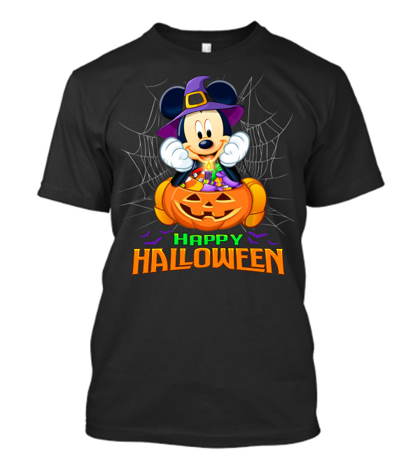 Mickey Happy Halloween Witch Hat Pumpkin Bat Spiderweb T-Shirt