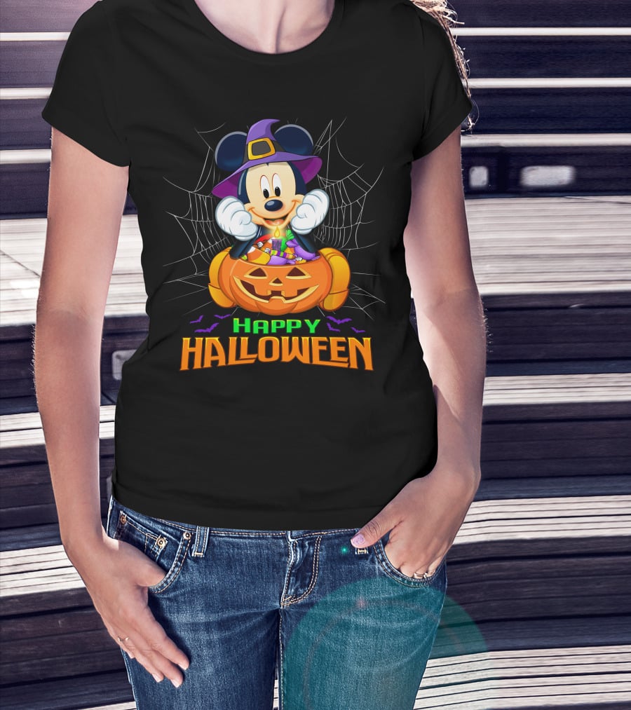Mickey Happy Halloween Witch Hat Pumpkin Bat Spiderweb T-Shirt