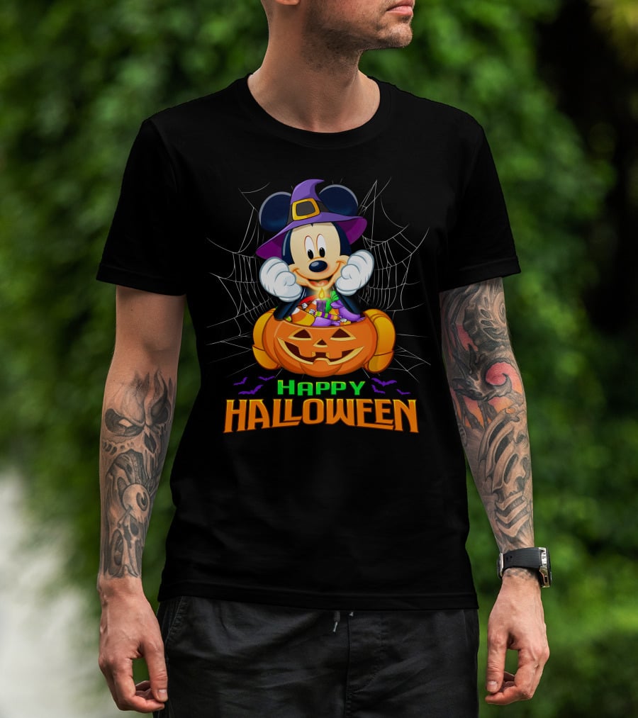 Mickey Happy Halloween Witch Hat Pumpkin Bat Spiderweb T-Shirt